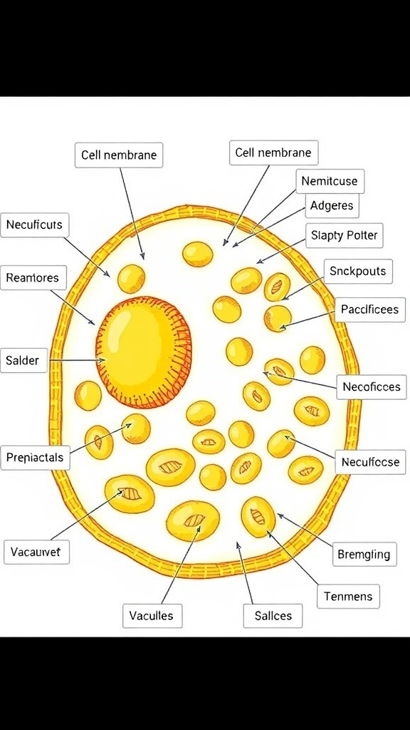 Diagram of a yeast cell showing its structure and components.